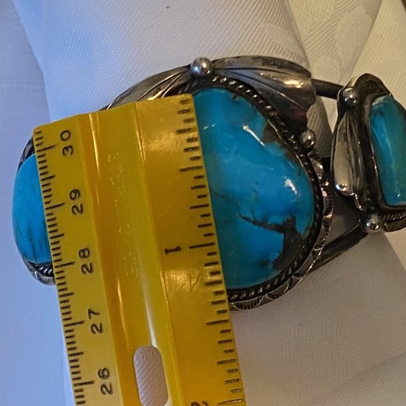 Navajo Signed Vintage 3 Stone Kingman Turquoise & Sterling Silver Bracelet Rare - Picture 3 of 12